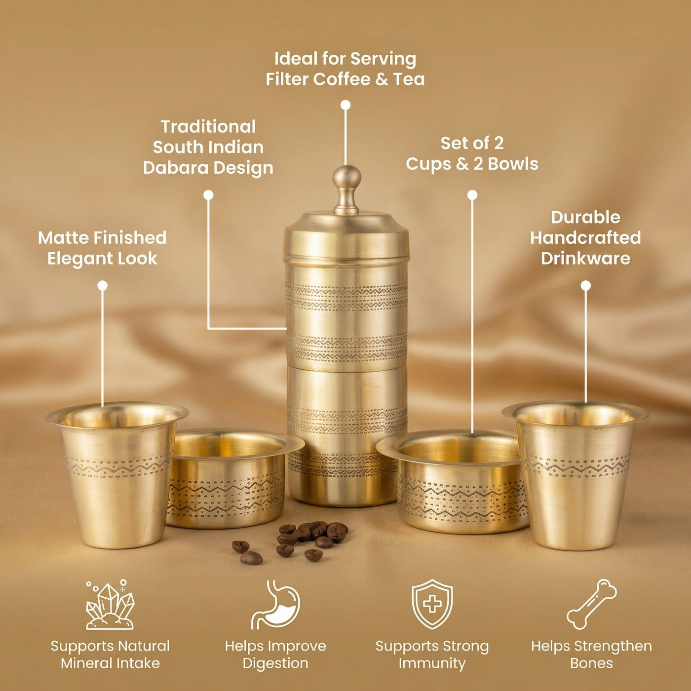 Matte Finish Brass Filter Coffee Dabara Set