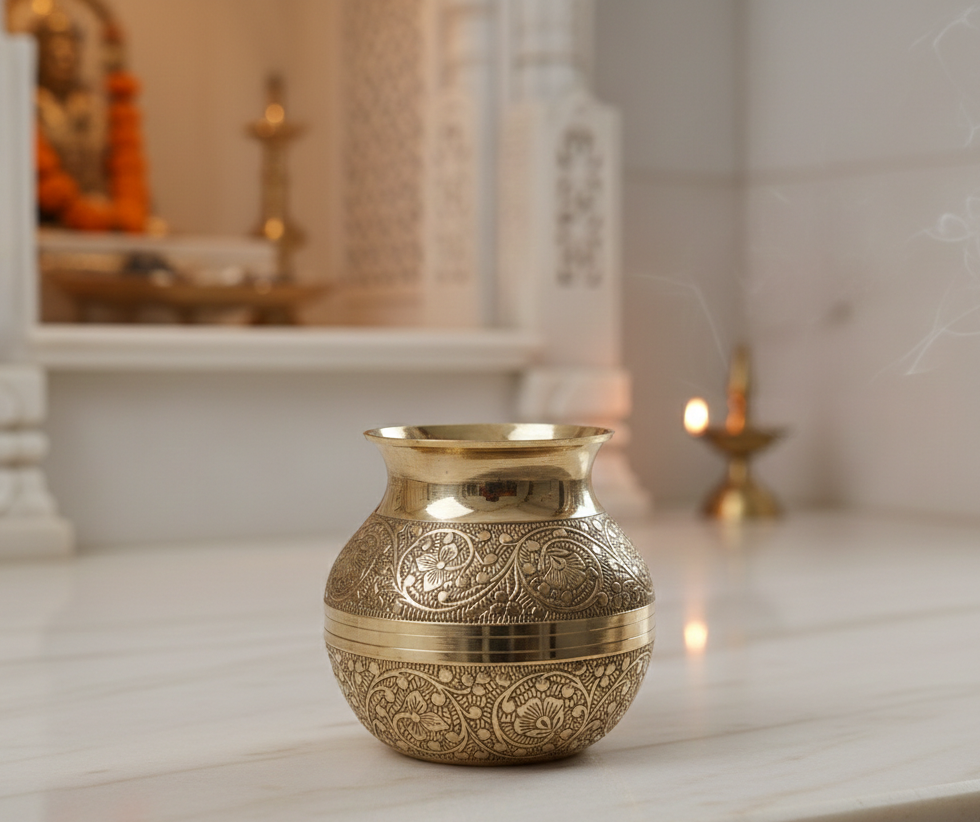 Brass Pooja Kalash/Lota - Floral Nakashi