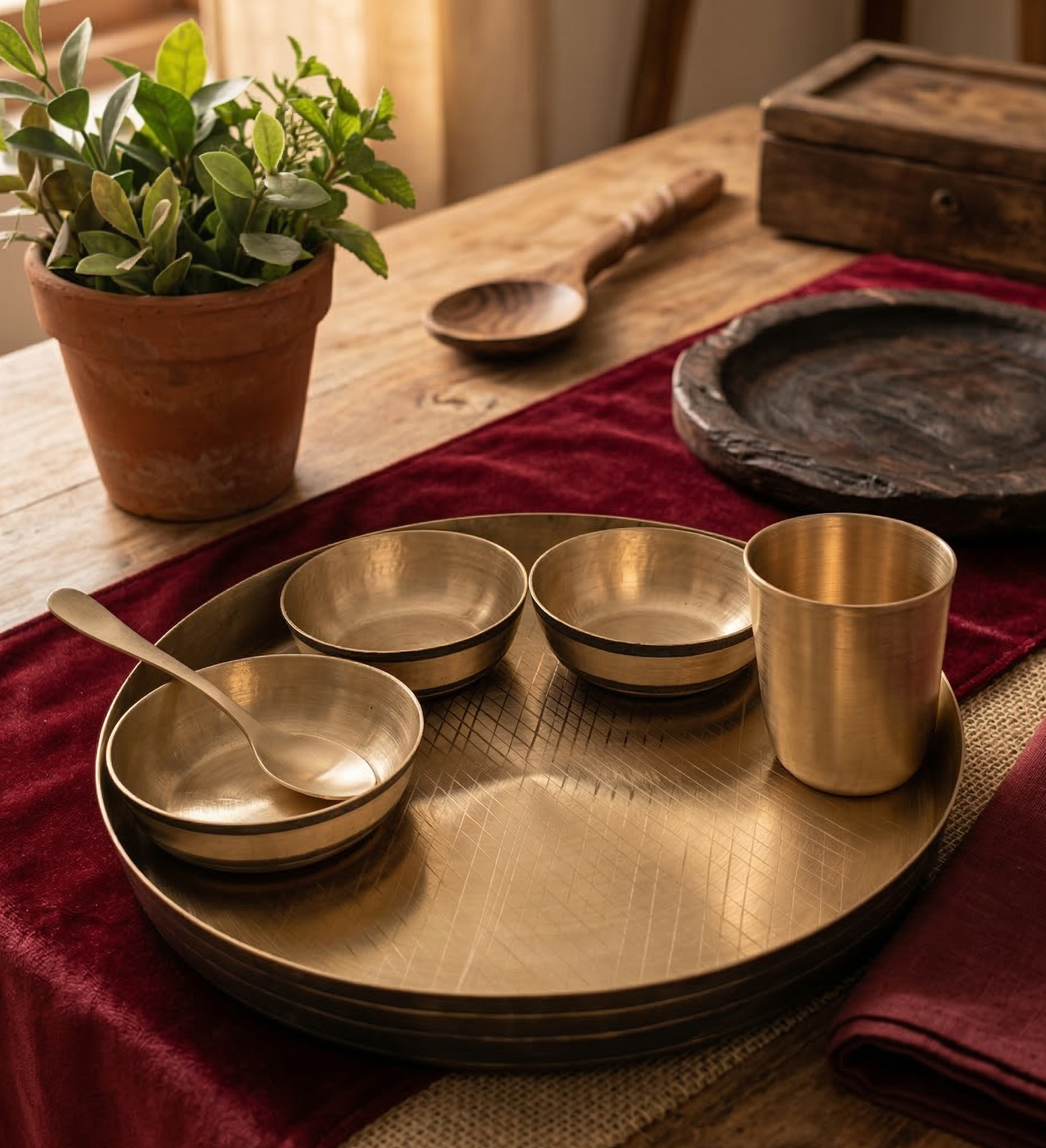 Kansa Dinner Set | 6 Pcs - 1 Platter 2 Bowl 1 Sweet Dish 1 Tumbler 1 Spoon