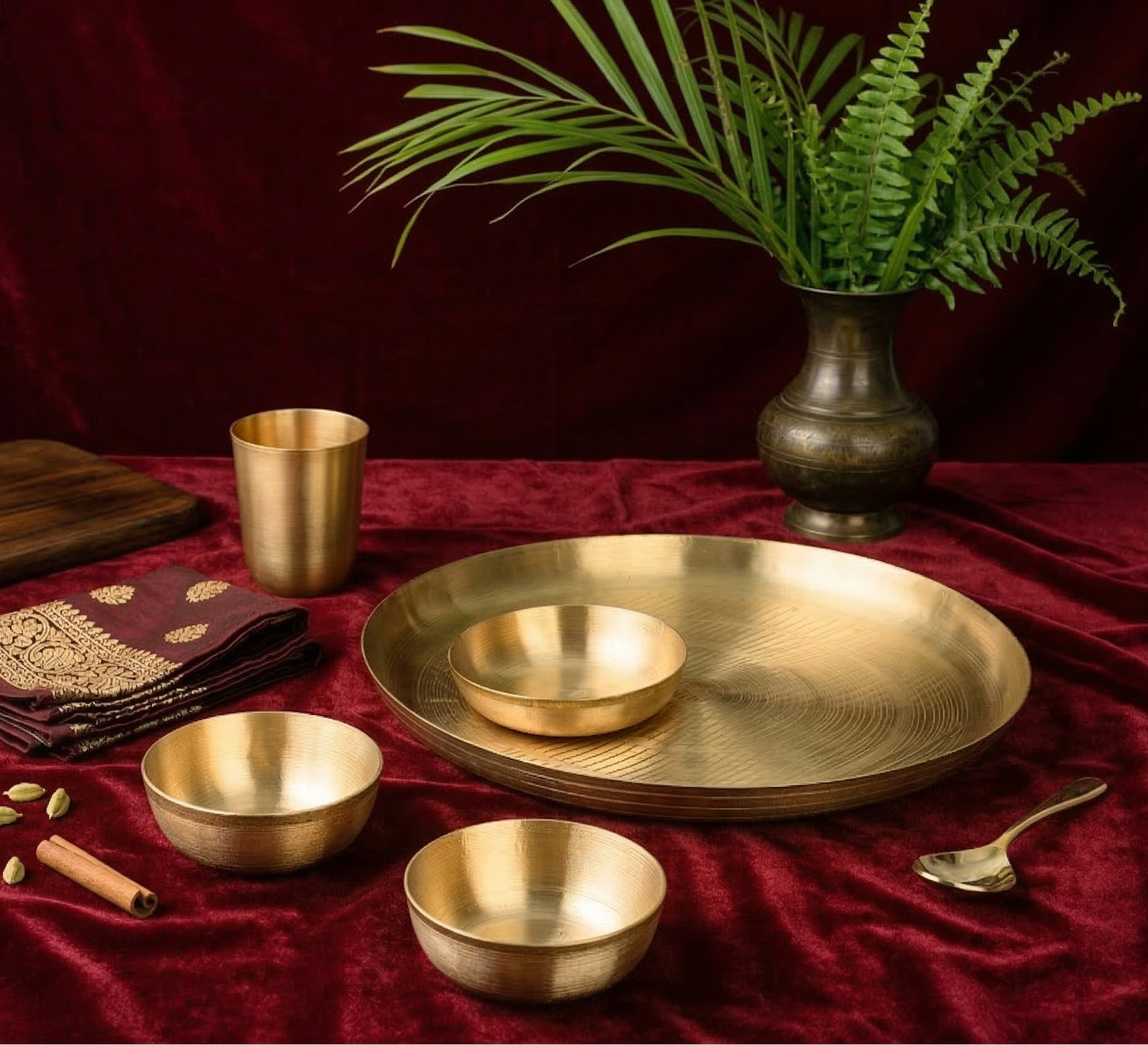 Kansa Dish Dinner Set | 6 Pcs - 1 Platter 2 Bowl 1 Sweet Dish 1 Tumbler 1 Spoon