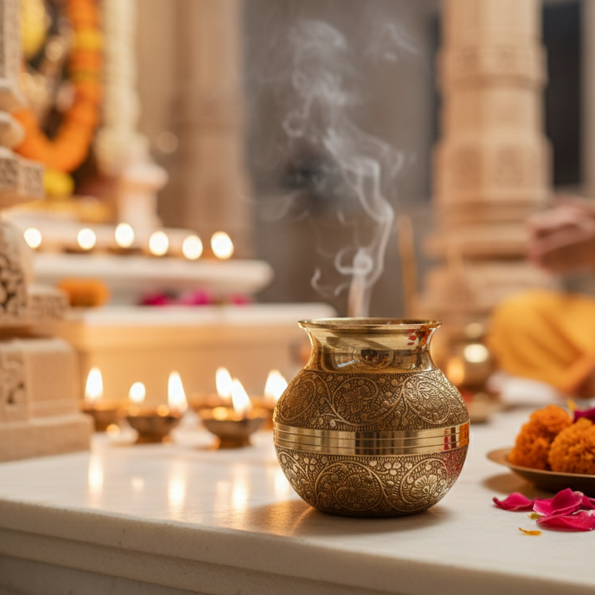 Brass Pooja Kalash/Lota - Floral Nakashi