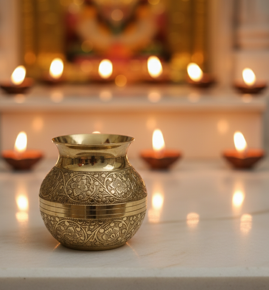 Brass Pooja Kalash/Lota - Floral Nakashi