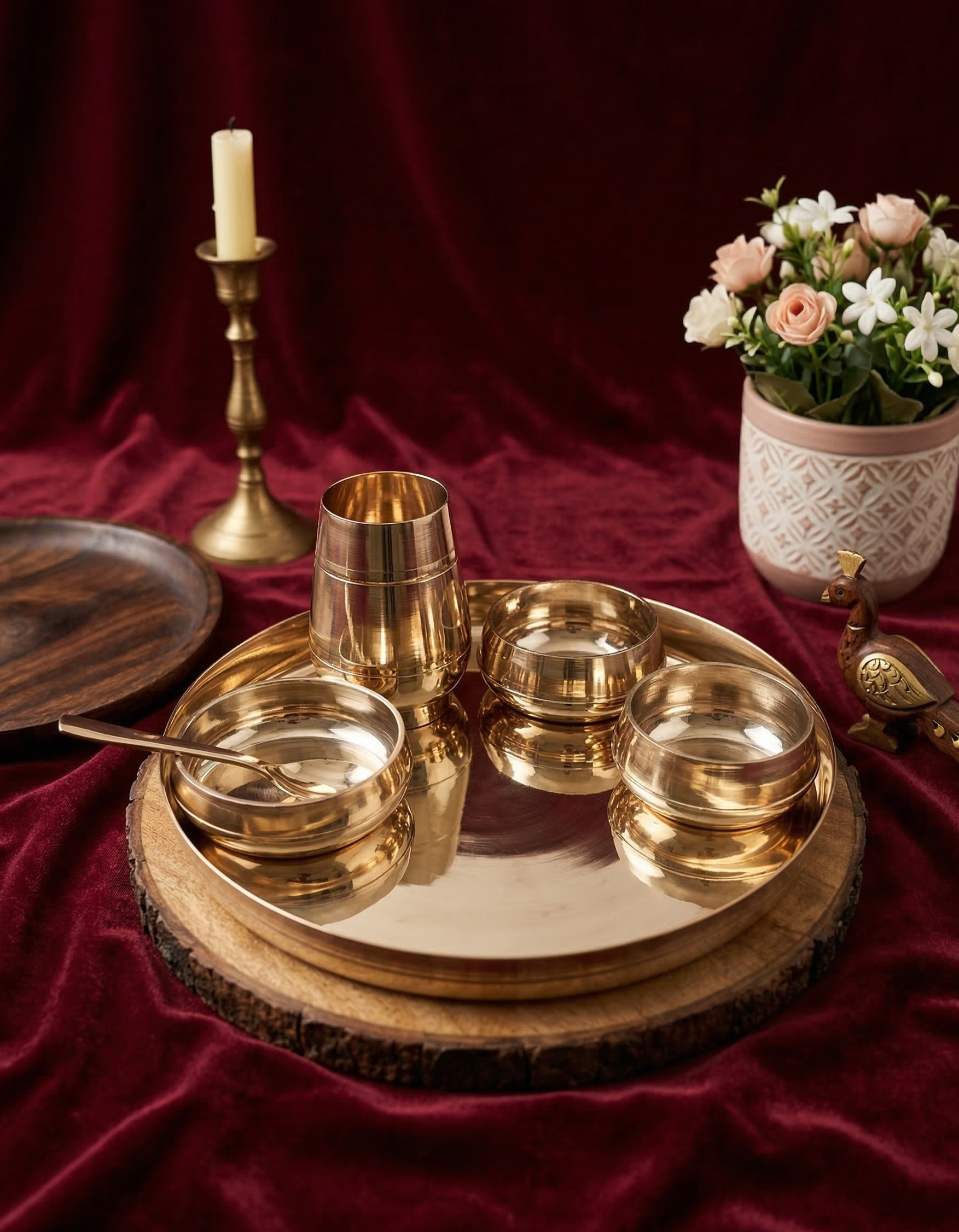 Kansa Handi Dinner Set | 6 Pcs - 1 Platter Dai 12 inch, 2 Bowl (Katori), 1 Sweet Dish, 1 Glass(Tumbler), 1 Spoon