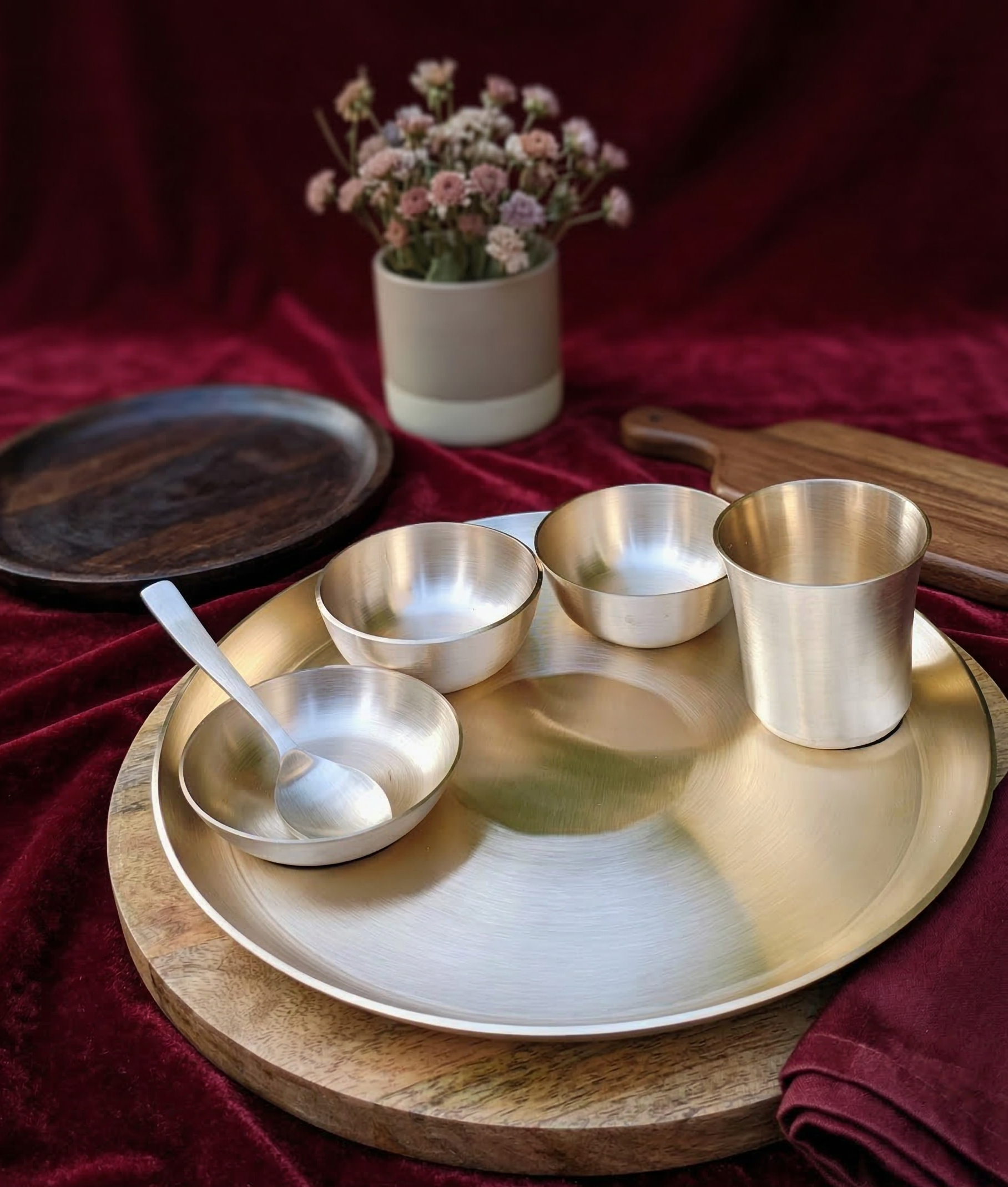 Kansa Bronze Dinner Set - Matte Finished | 6 Pcs - 1 Thali (Platter) Dai 12 inch, 2 Bowl (Katori), 1 Sweet Dish, 1 Glass(Tumbler), 1 Spoon