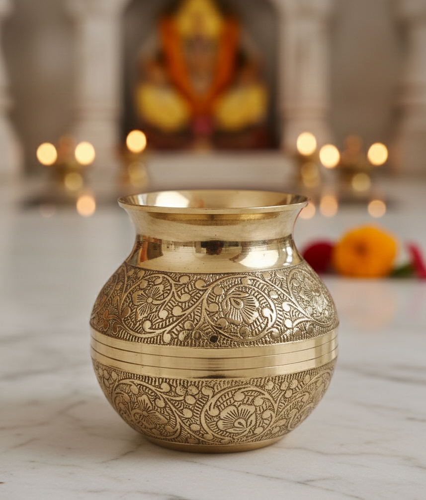 Brass Pooja Kalash/Lota - Floral Nakashi