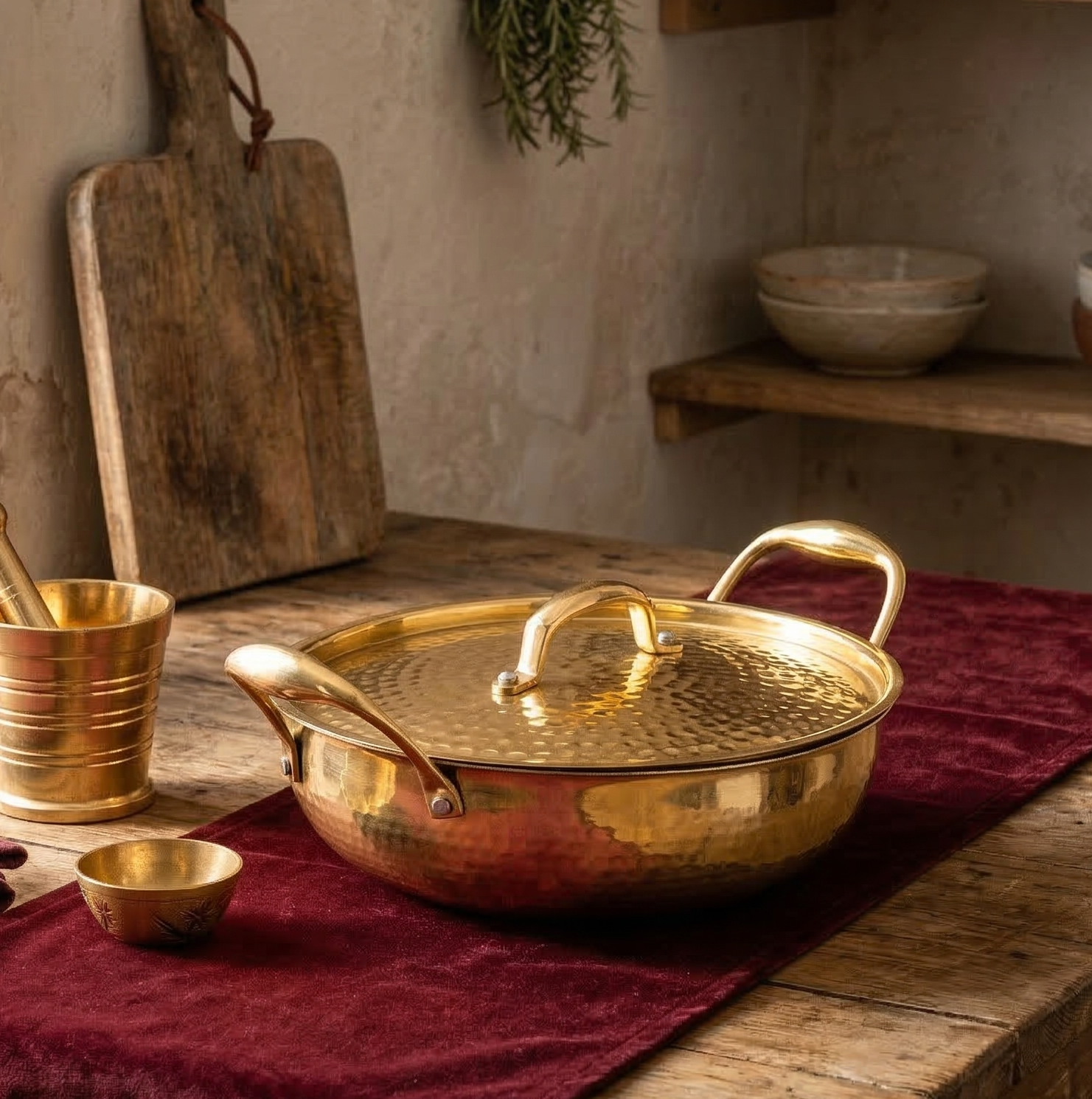 Brass Kadai with Lid - Hammered