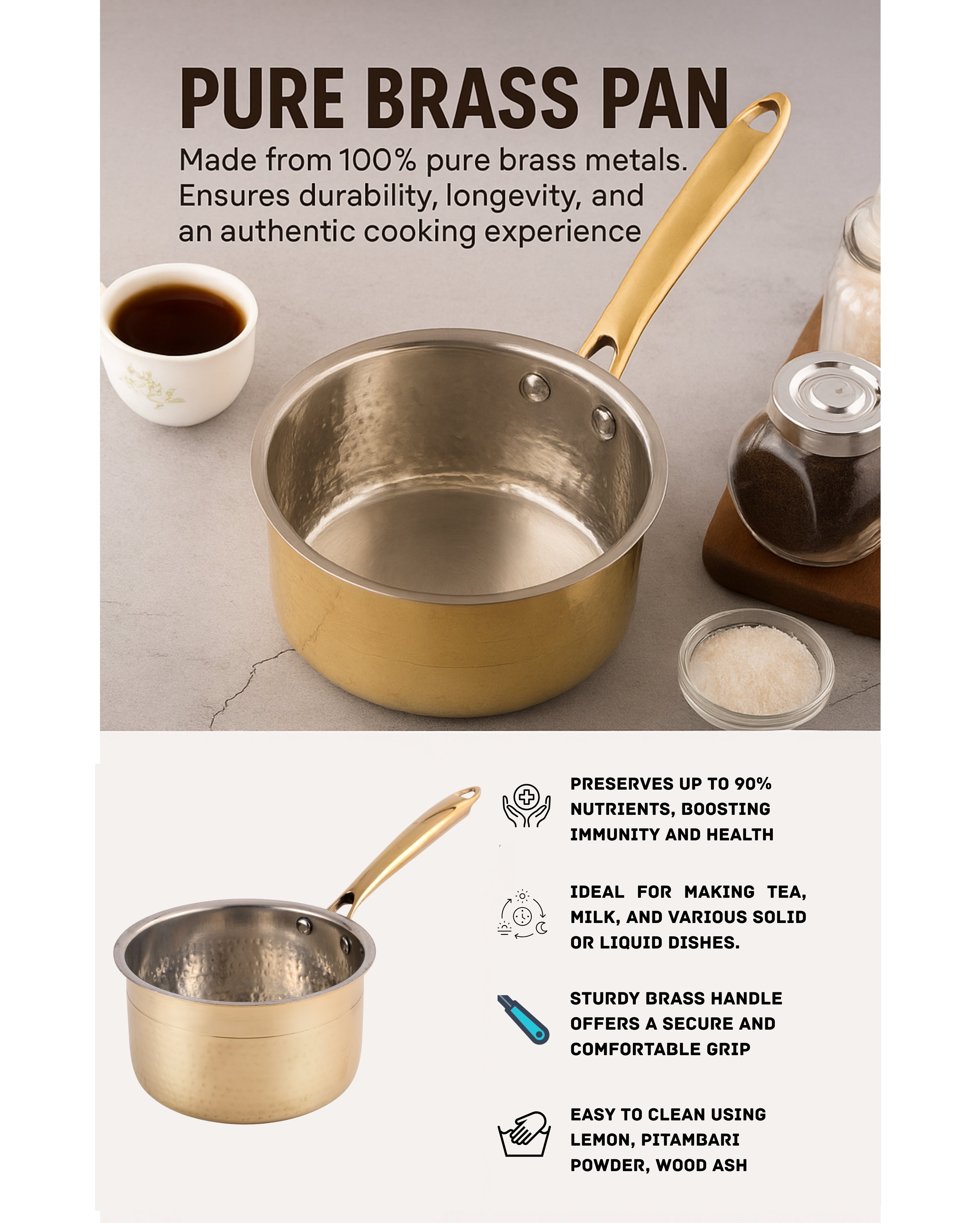 Brass Souce Pan with Sturdy Handle - Hammered