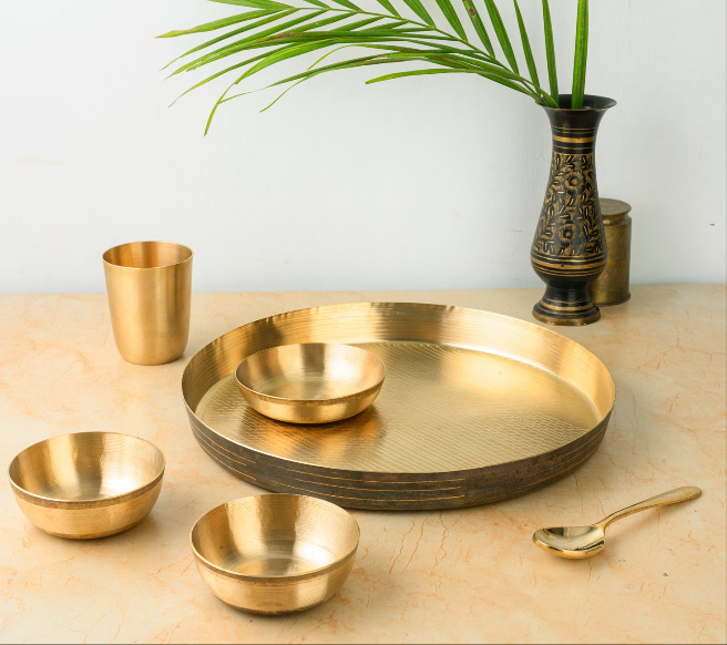 Kansa Dinner Set | 6 Pcs - 1 Platter 2 Bowl 1 Sweet Dish 1 Tumbler 1 Spoon