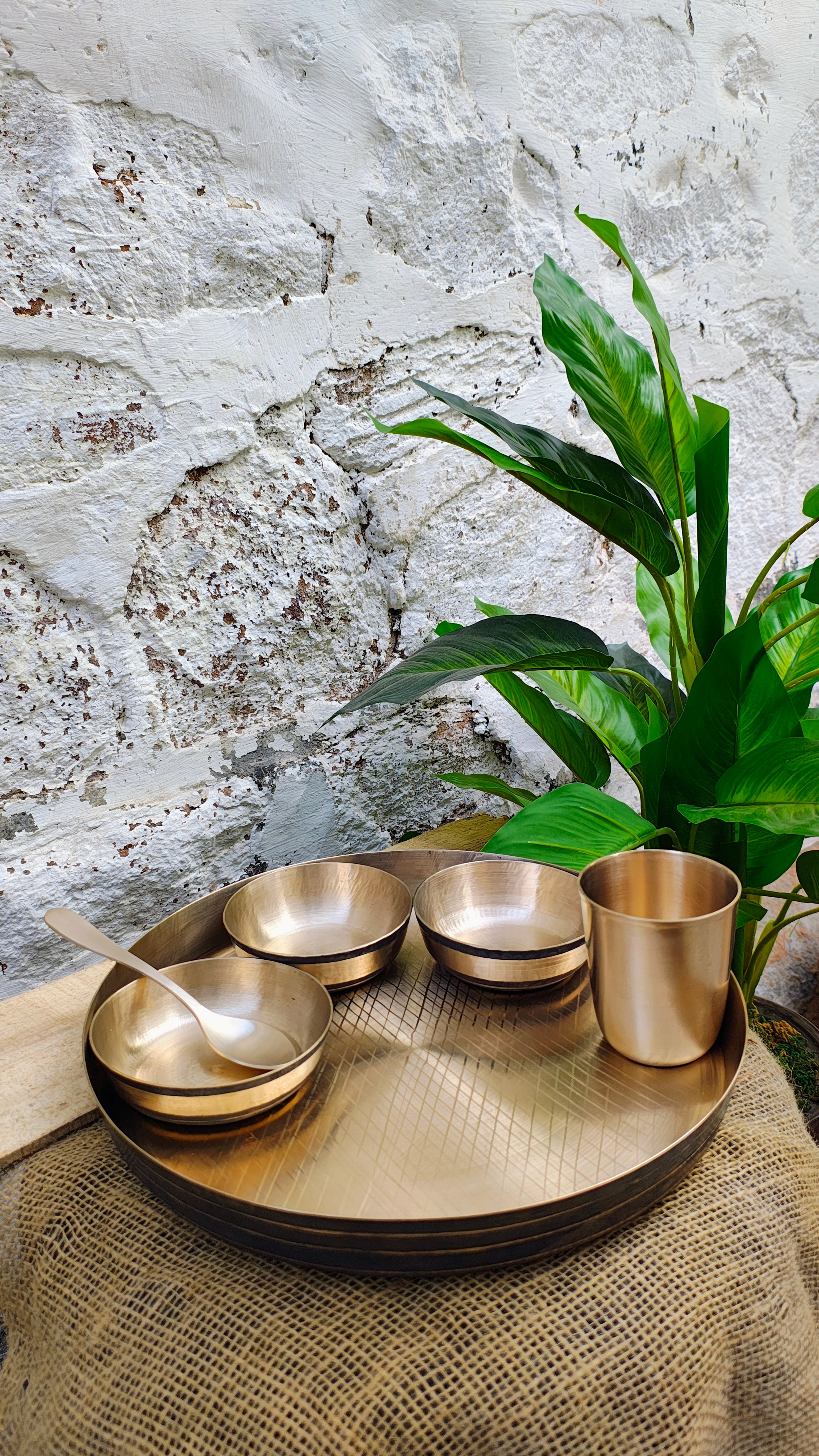 Kansa Dinner Set | 6 Pcs - 1 Platter 2 Bowl 1 Sweet Dish 1 Tumbler 1 Spoon