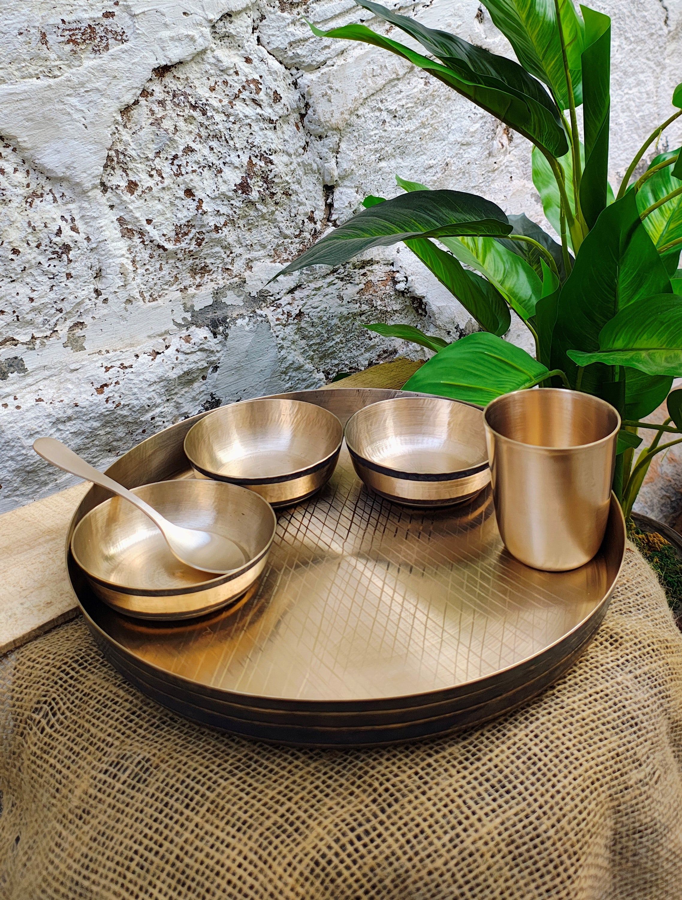 Kansa Dinner Set | 6 Pcs - 1 Platter 2 Bowl 1 Sweet Dish 1 Tumbler 1 Spoon