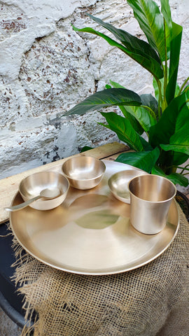 Kansa Dinner Set - Matte Finished | 6 Pcs - 1 Thali (Platter) Dai 12 inch, 2 Bowl (Katori), 1 Sweet Dish, 1 Glass(Tumbler), 1 Spoon