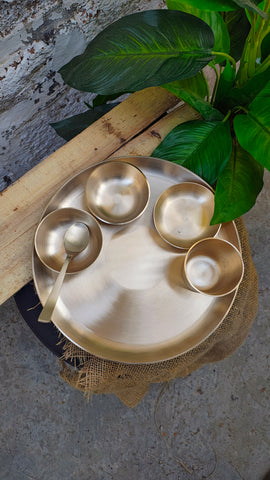 Kansa Dinner Set - Matte Finished | 6 Pcs - 1 Thali (Platter) Dai 12 inch, 2 Bowl (Katori), 1 Sweet Dish, 1 Glass(Tumbler), 1 Spoon