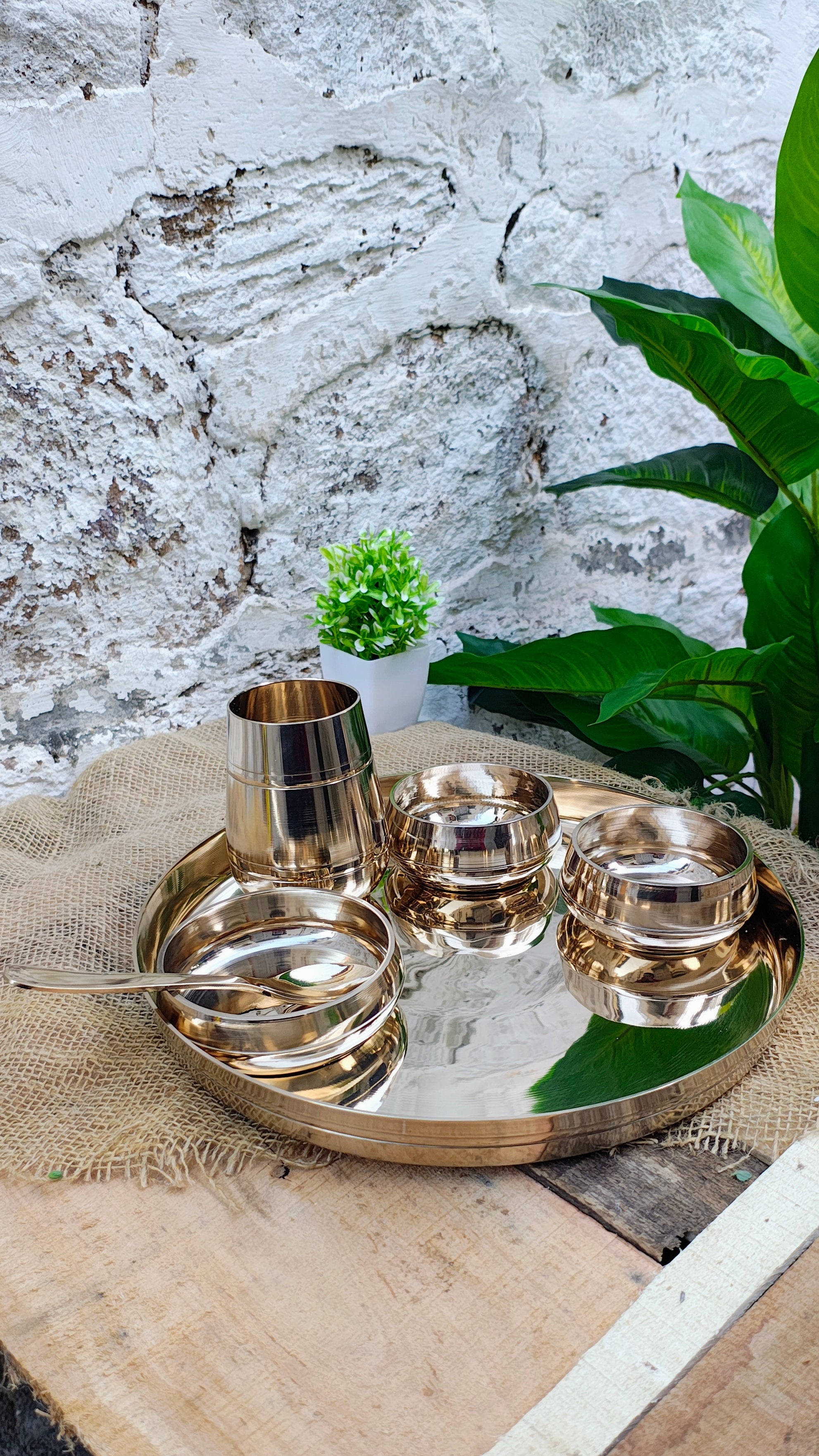 Kansa Handi Dinner Set | 6 Pcs - 1 Platter Dai 12 inch, 2 Bowl (Katori), 1 Sweet Dish, 1 Glass(Tumbler), 1 Spoon