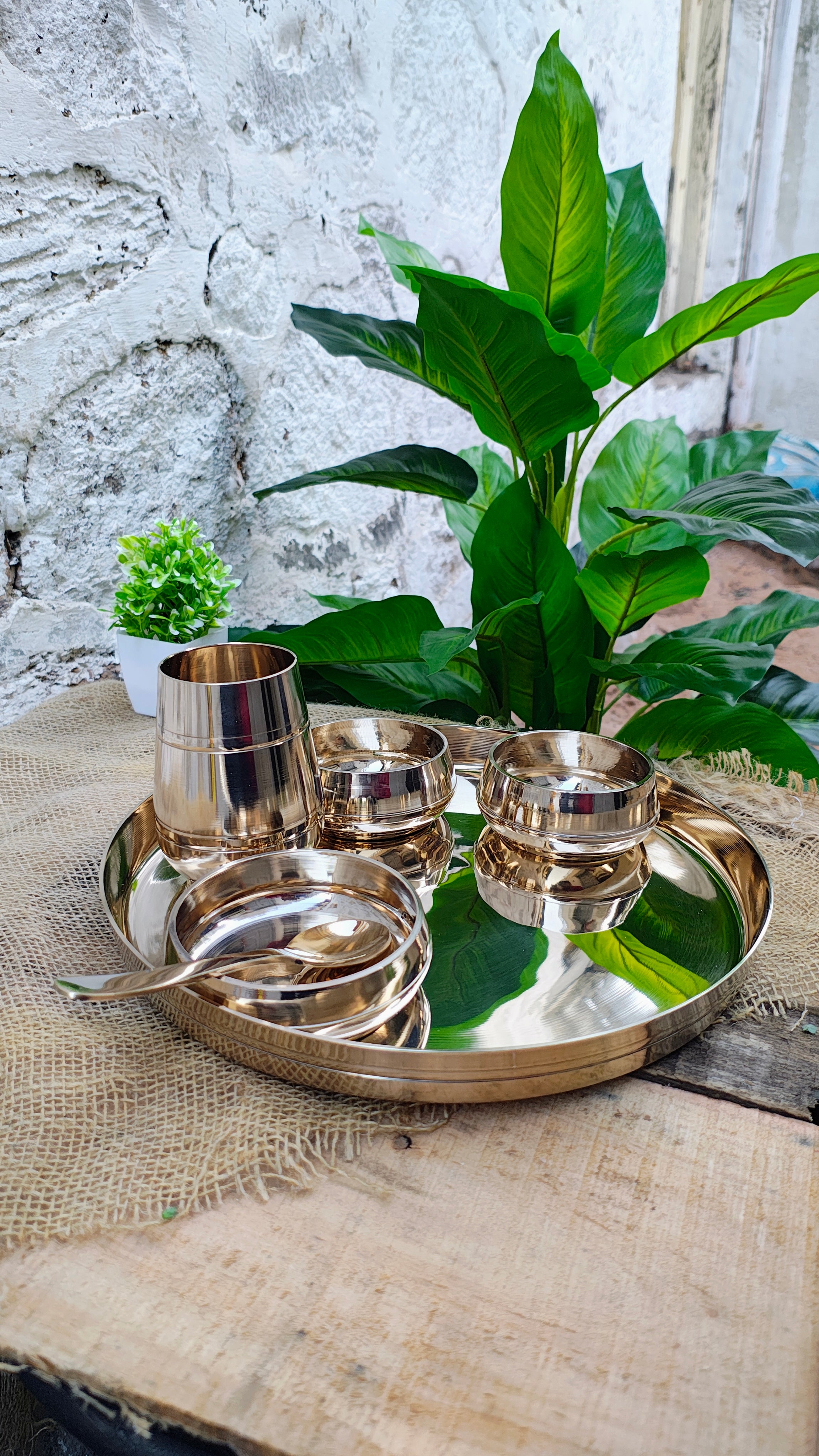 Kansa Handi Dinner Set | 6 Pcs - 1 Platter Dai 12 inch, 2 Bowl (Katori), 1 Sweet Dish, 1 Glass(Tumbler), 1 Spoon