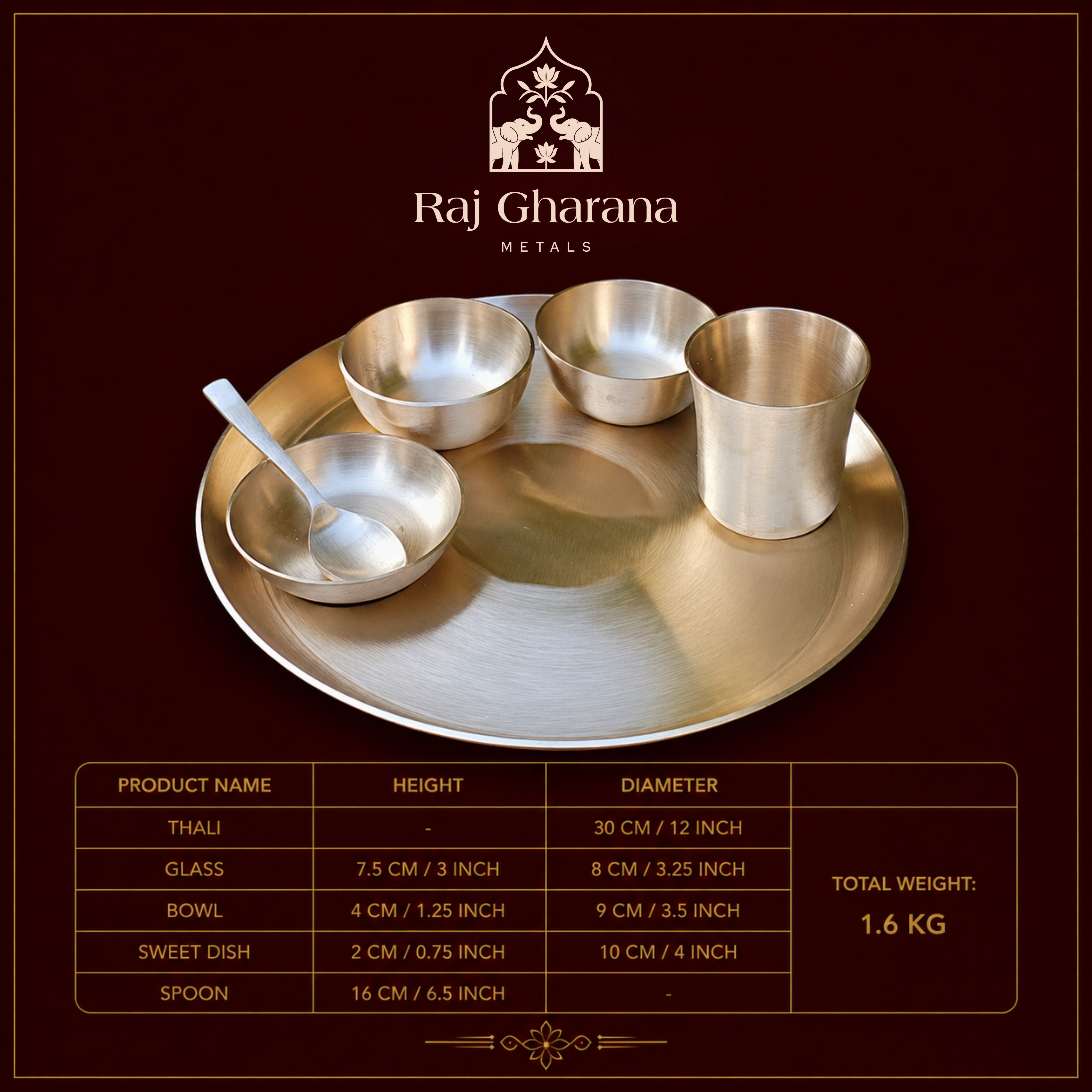Kansa Bronze Dinner Set - Matte Finished | 6 Pcs - 1 Thali (Platter) Dai 12 inch, 2 Bowl (Katori), 1 Sweet Dish, 1 Glass(Tumbler), 1 Spoon