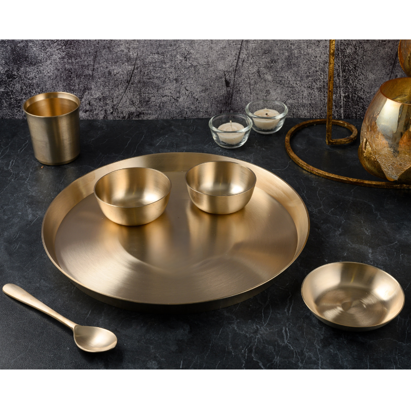 Kansa Bronze Dinner Set - Matte Finished | 6 Pcs - 1 Thali (Platter) Dai 12 inch, 2 Bowl (Katori), 1 Sweet Dish, 1 Glass(Tumbler), 1 Spoon