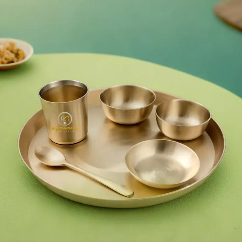 Kansa Bronze Dinner Set - Matte Finished | 6 Pcs - 1 Thali (Platter) Dai 12 inch, 2 Bowl (Katori), 1 Sweet Dish, 1 Glass(Tumbler), 1 Spoon