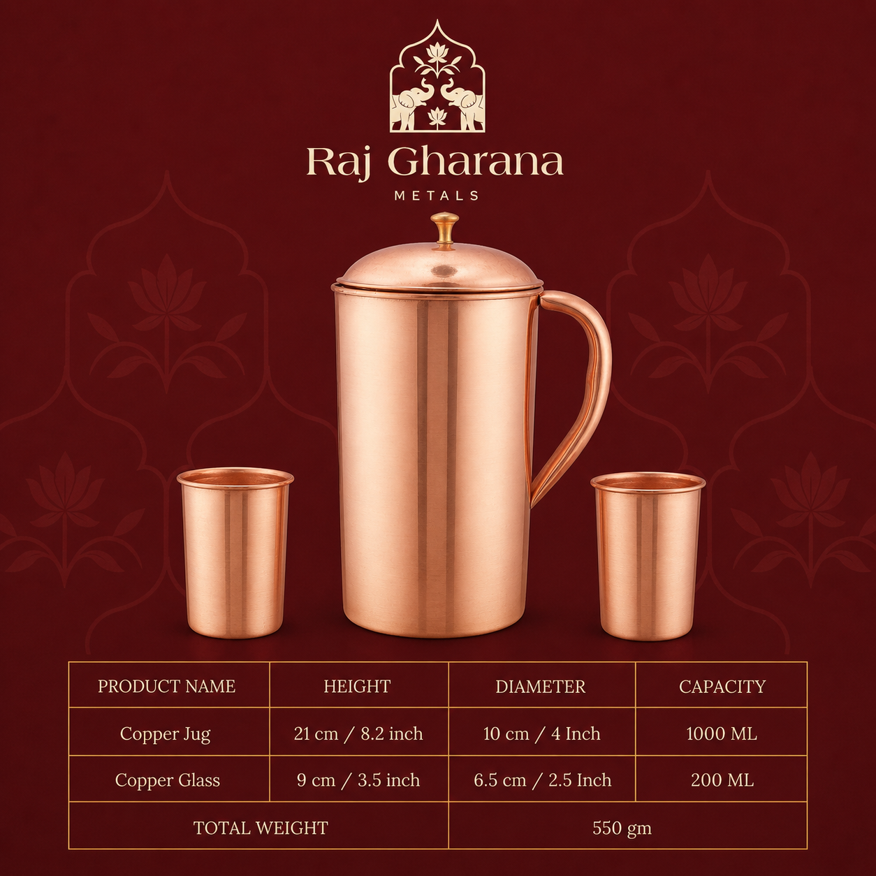 Copper Jar with 2 Glass Set – Pure Copper Jug (1L) | Glossy Finish