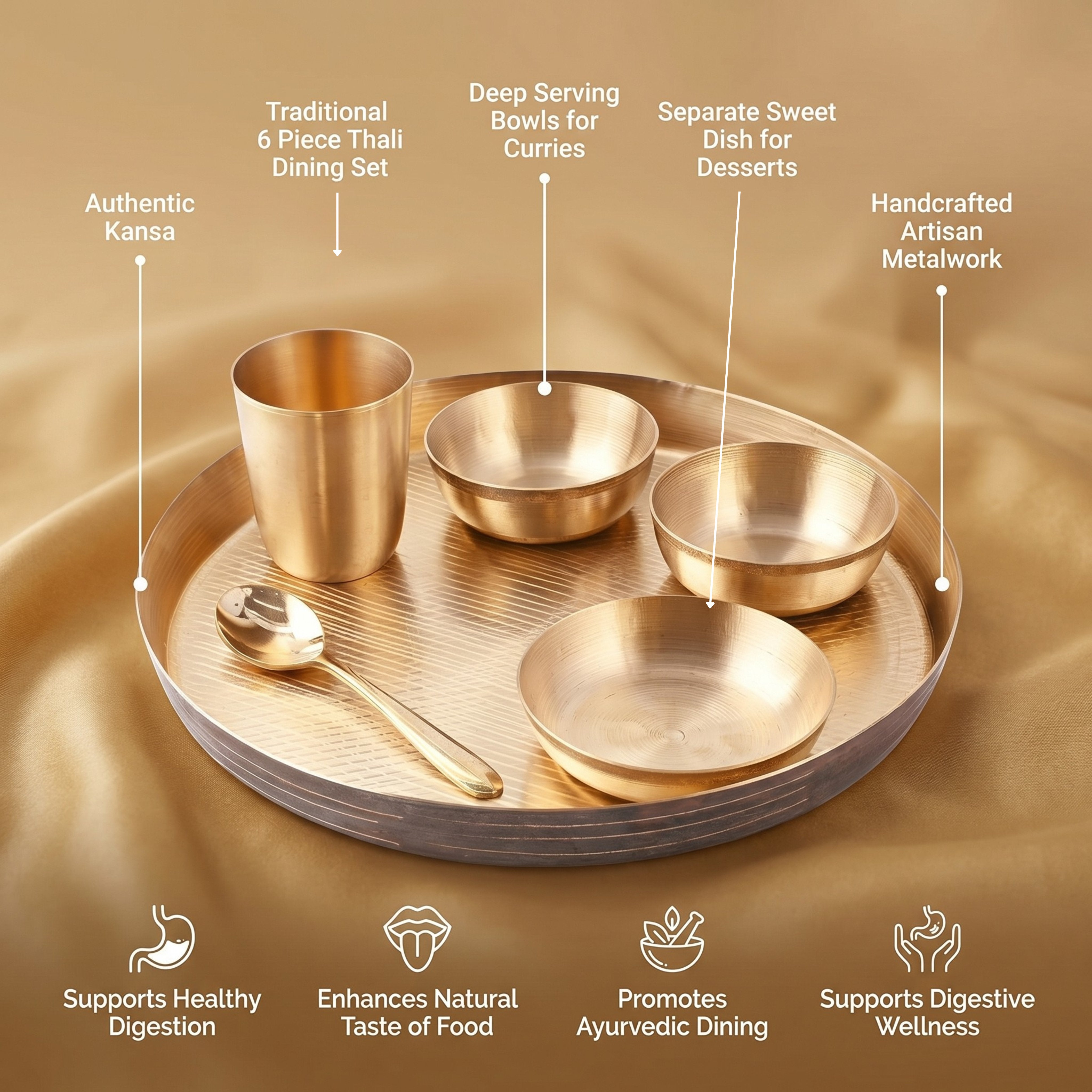 Kansa Dinner Set | 6 Pcs - 1 Platter 2 Bowl 1 Sweet Dish 1 Tumbler 1 Spoon
