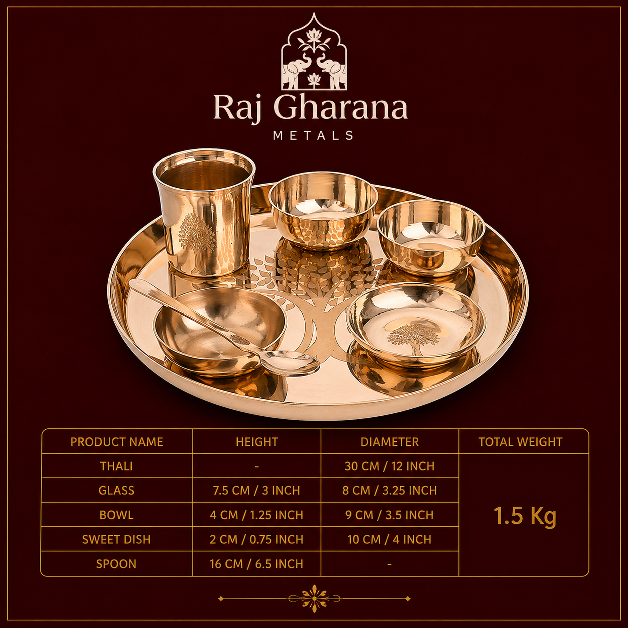 Kansa Dinner Set | 6 Pcs Tree Design Glossy Finished – 1 Platter Dai 12 Inch, 2 Bowl (Katori), 1 Sweet Dish, 1 Glass(Tumbler), 1 Spoon