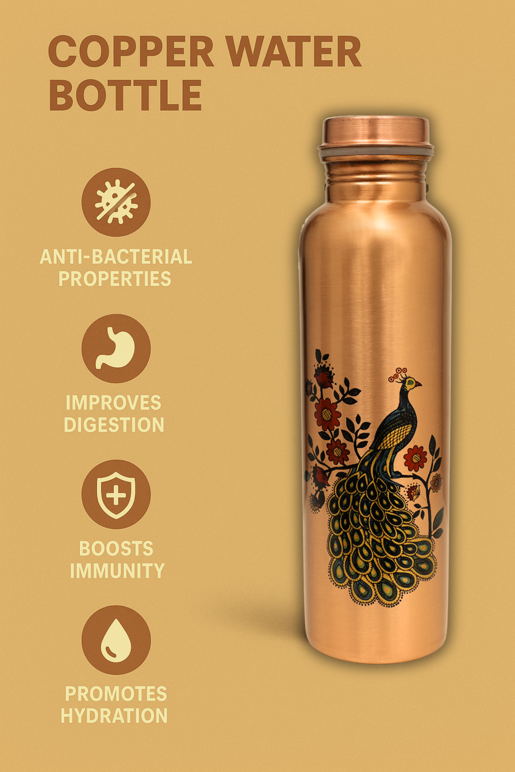 Copper Water Bottle - Peacock Printed