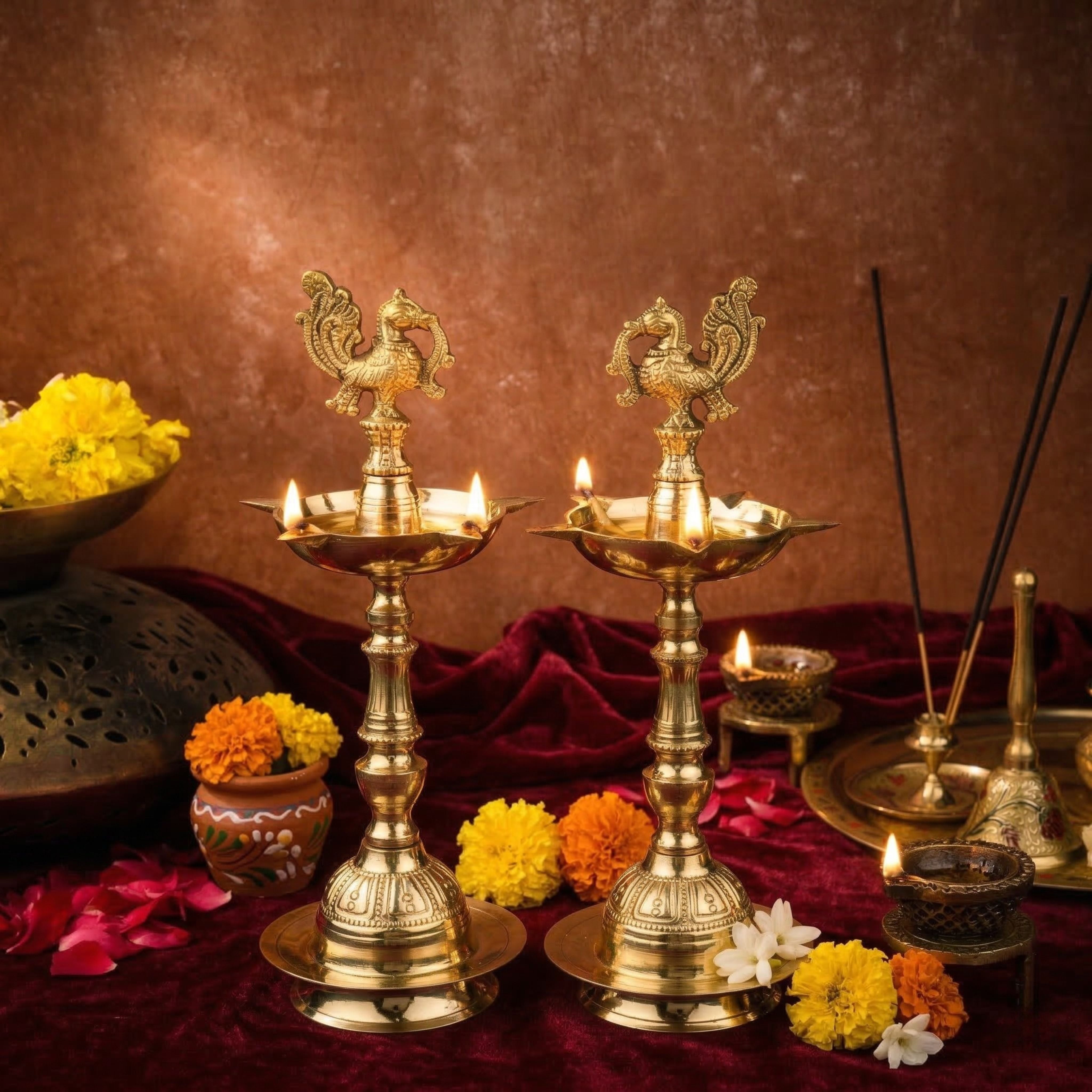 Mahabharat Peacock Brass Diya - Pack of 2