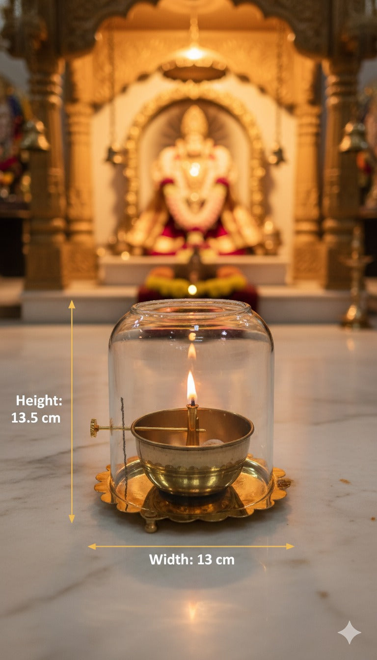 Brass Akhand Jyot Diya with Glass Cover