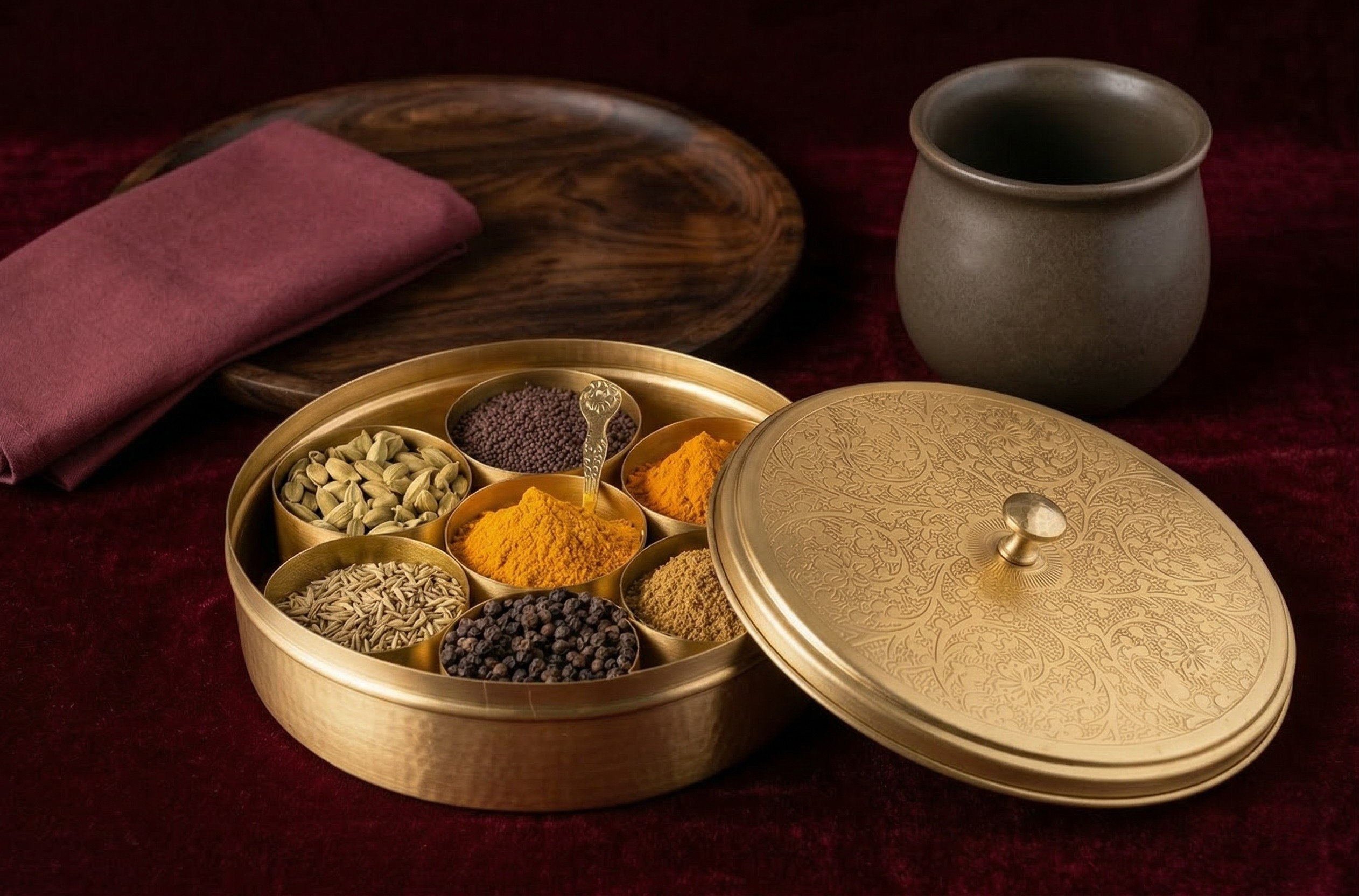 Brass Spice Box Set - Floral Etching