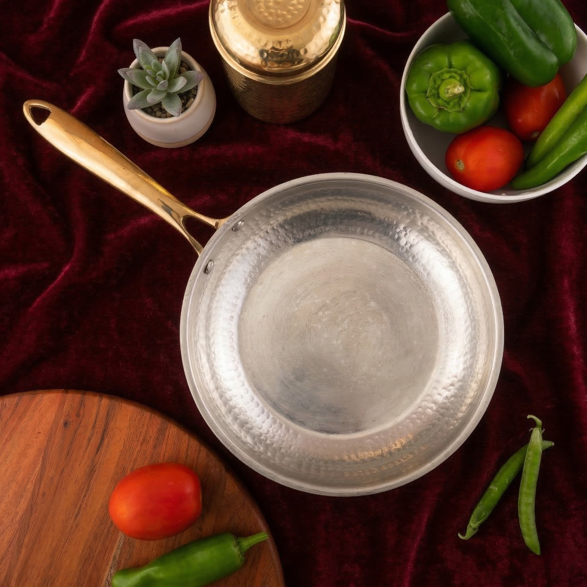 Brass Frying Pan with Ergonomic Handle - Hammered