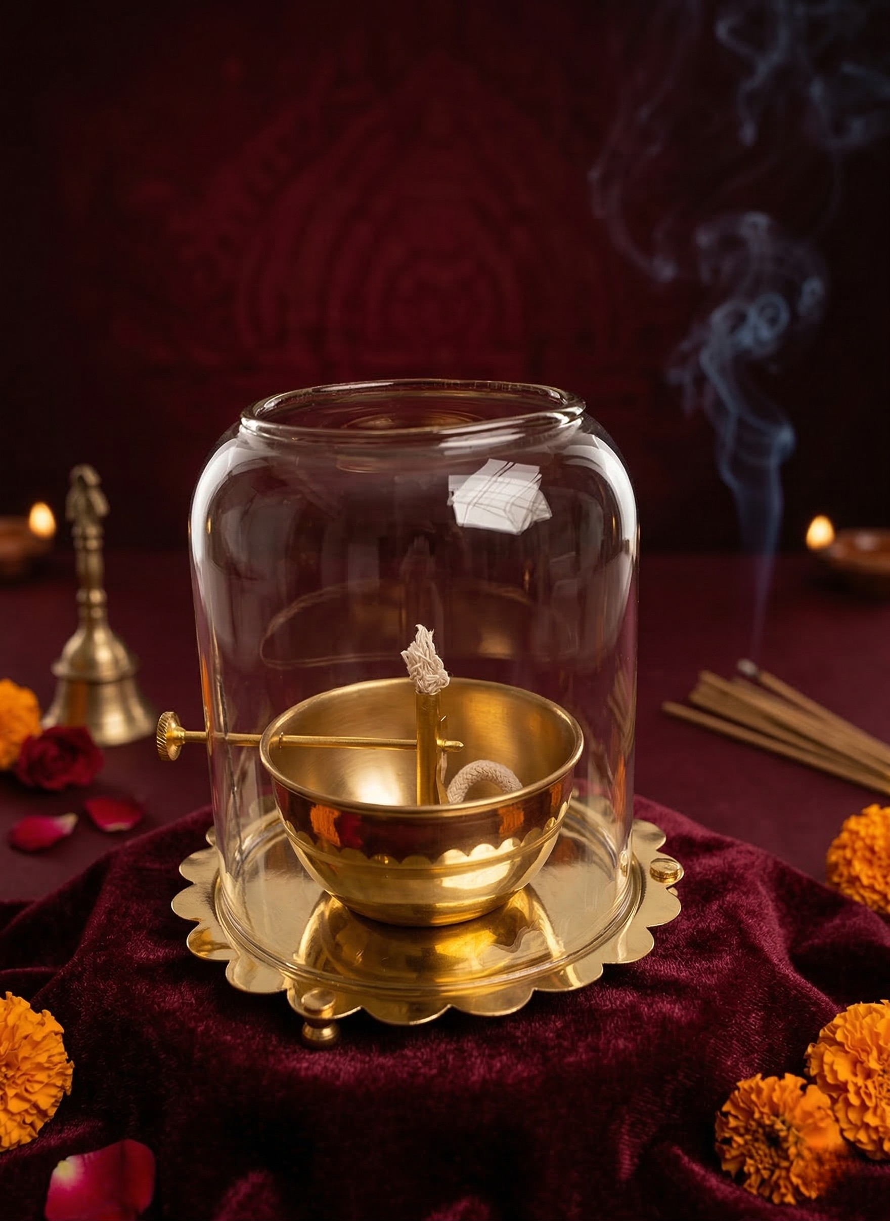 Brass Akhand Jyot Diya with Glass Cover