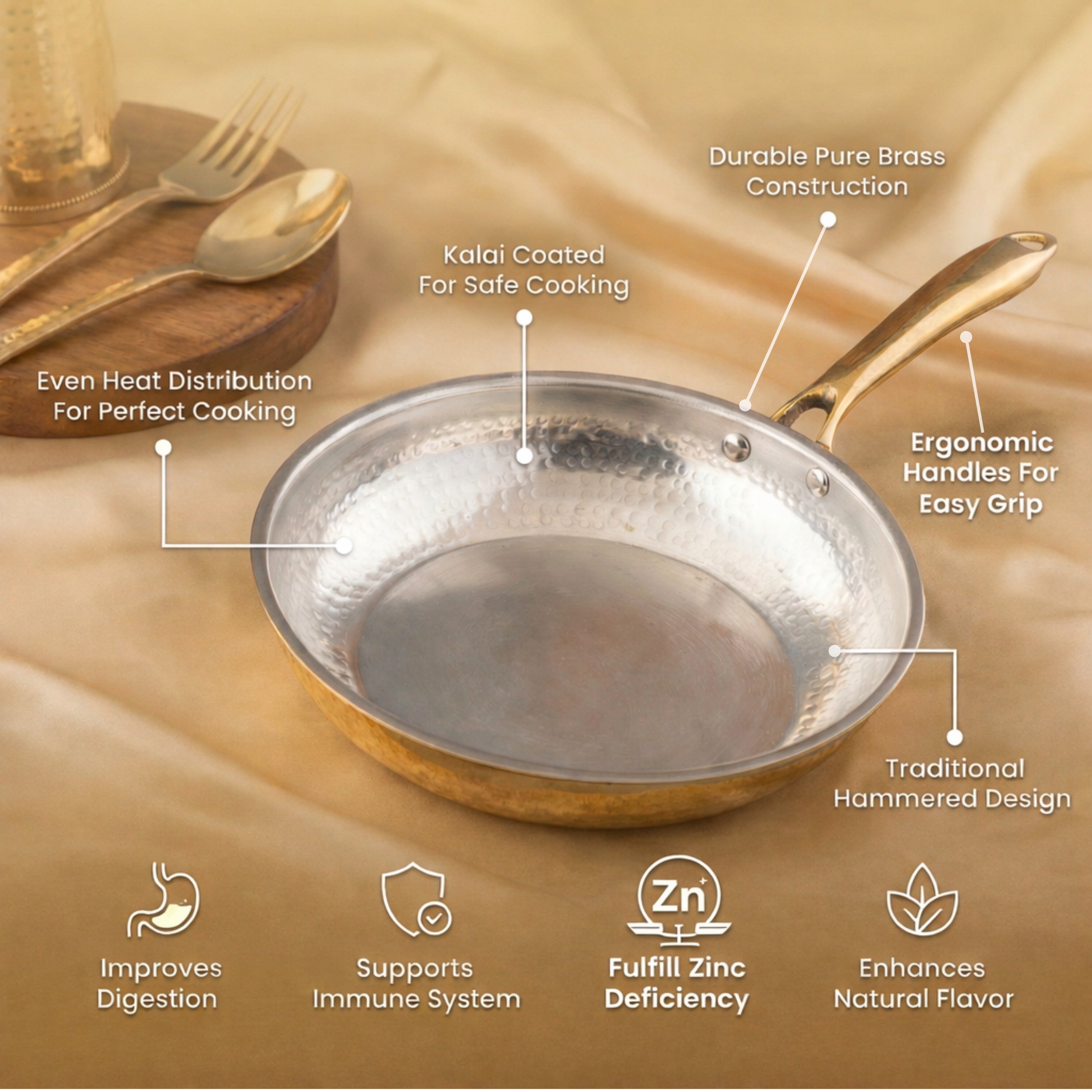 Brass Frying Pan with Ergonomic Handle - Hammered