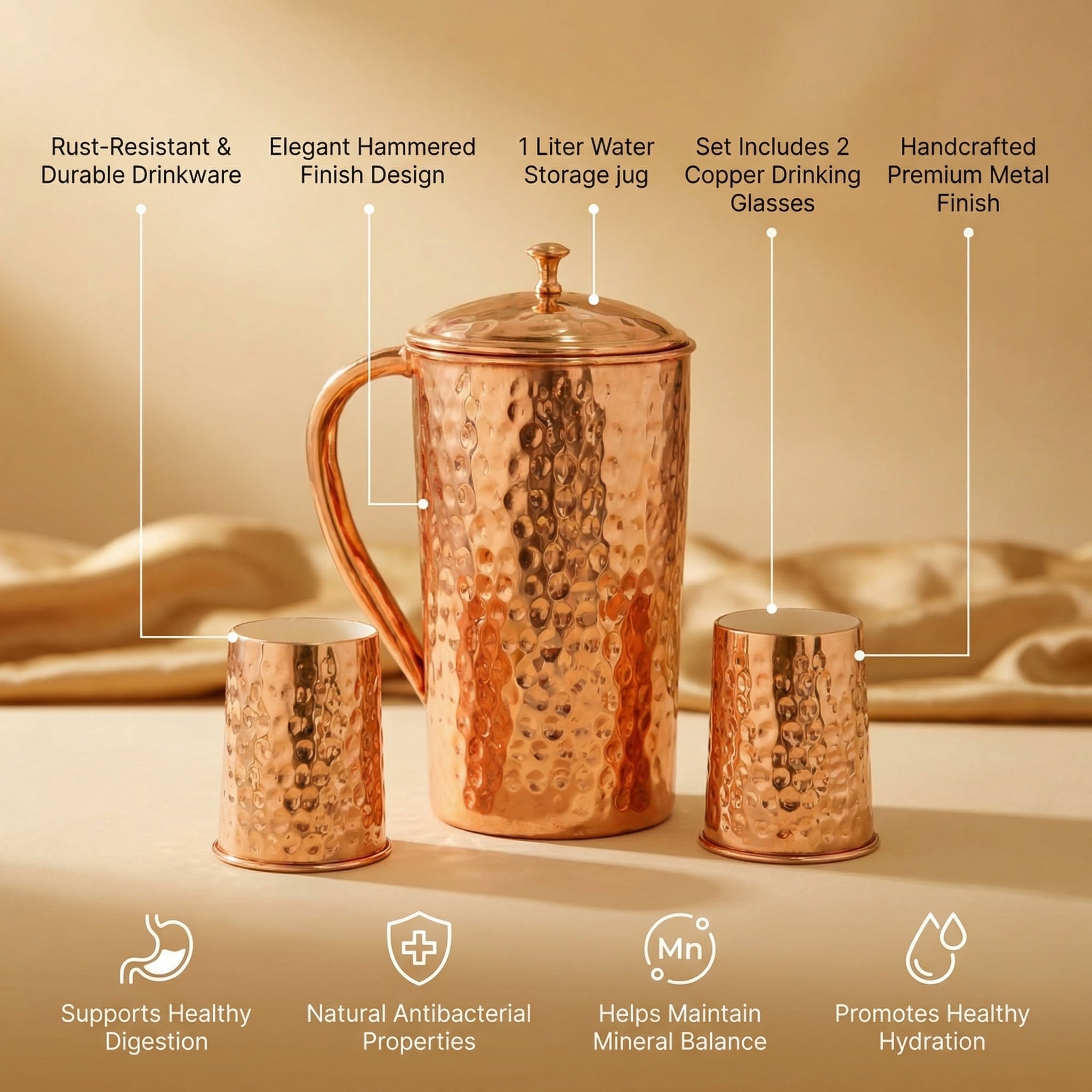 Copper Jar & 2 Glass Set – Hammered Finished