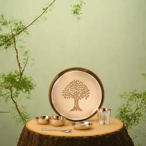 Kansa Dinner Set | 6 Pcs Tree Design Glossy Finished – 1 Platter Dai 12 Inch, 2 Bowl (Katori), 1 Sweet Dish, 1 Glass(Tumbler), 1 Spoon