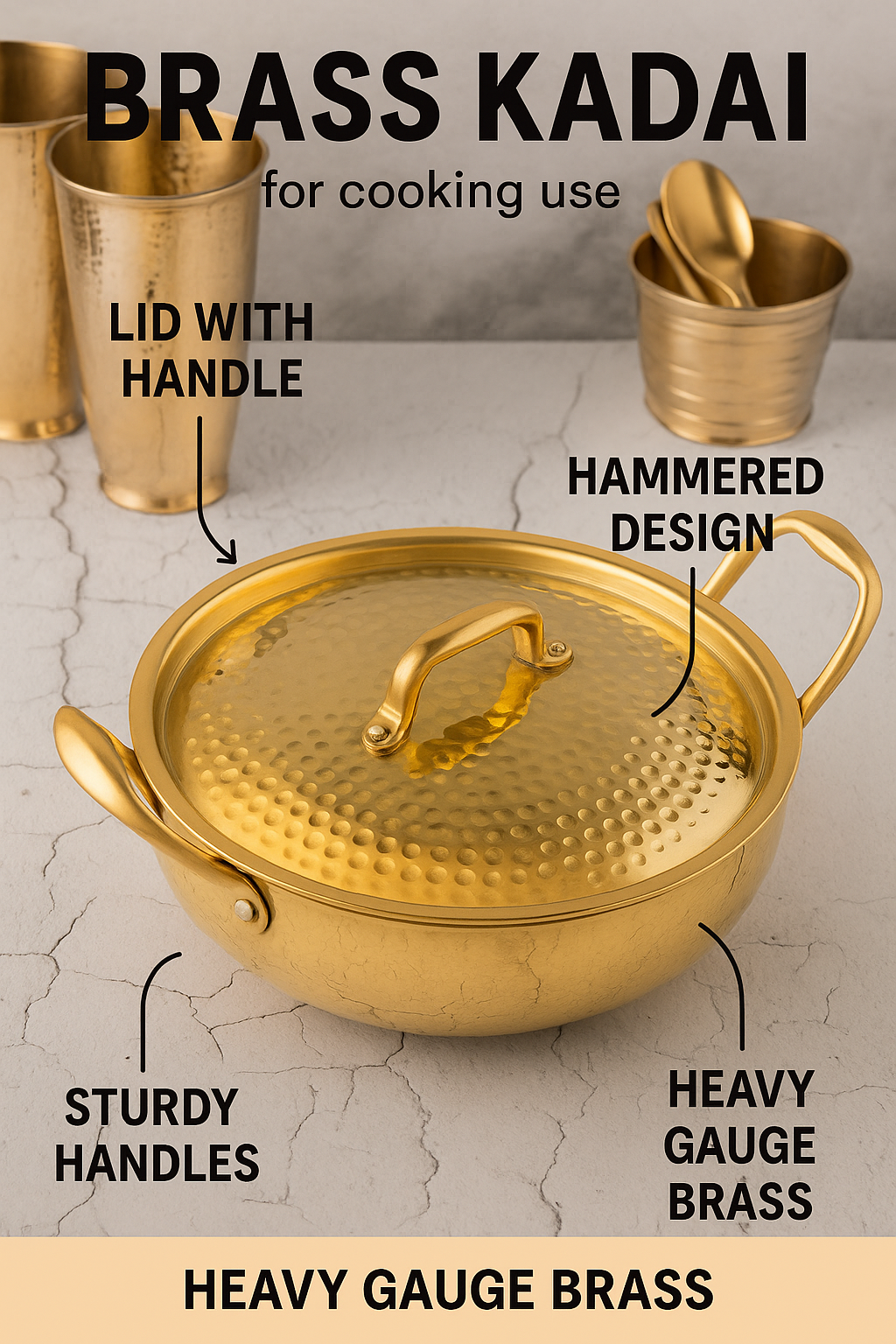 Brass Kadai with Lid - Hammered