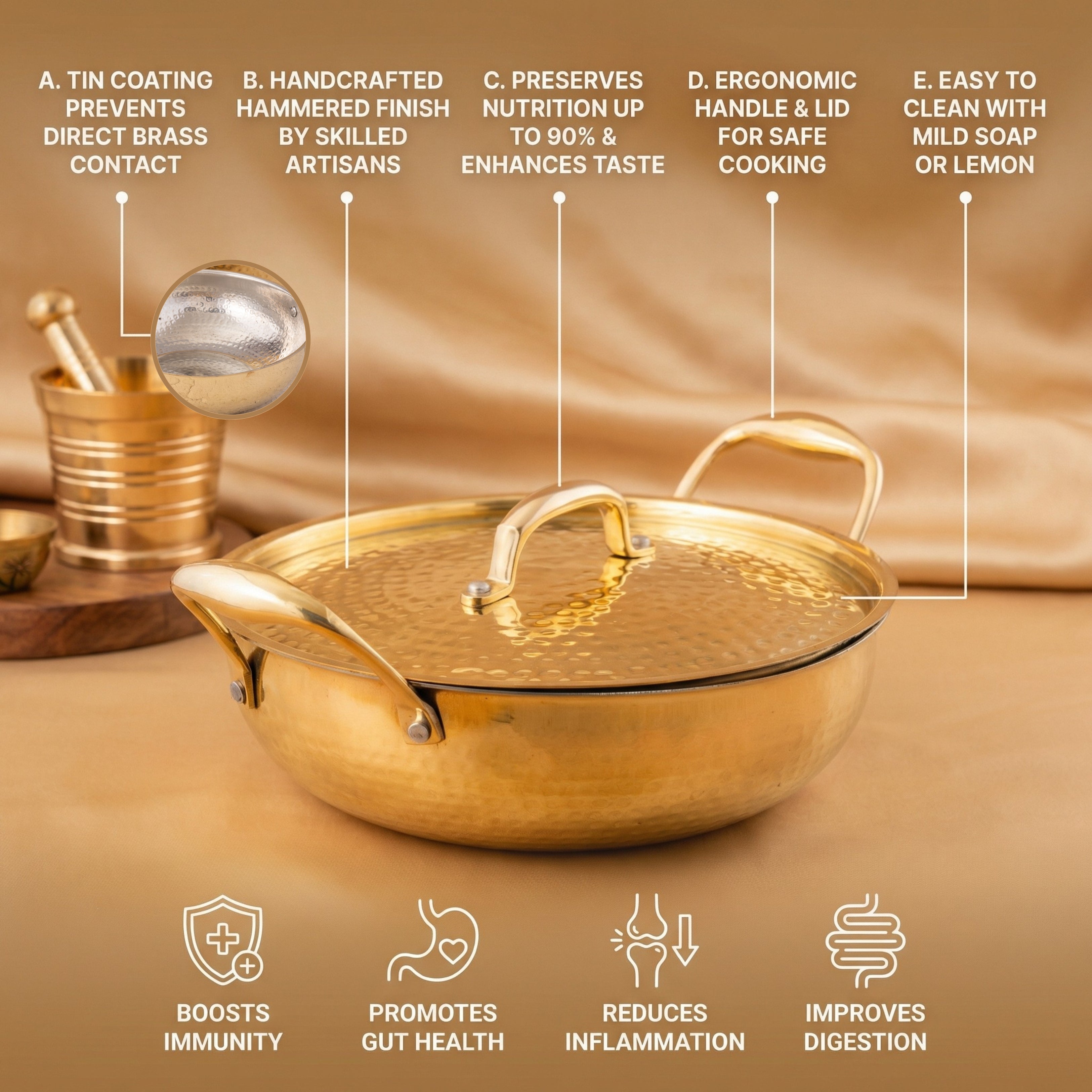 Brass Kadai with Lid - Hammered