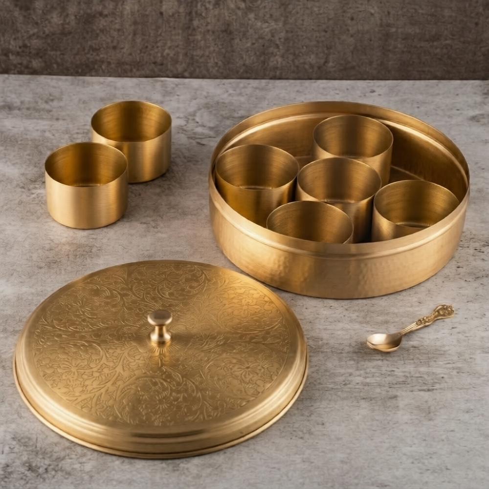 Brass Spice Box Set - Floral Etching