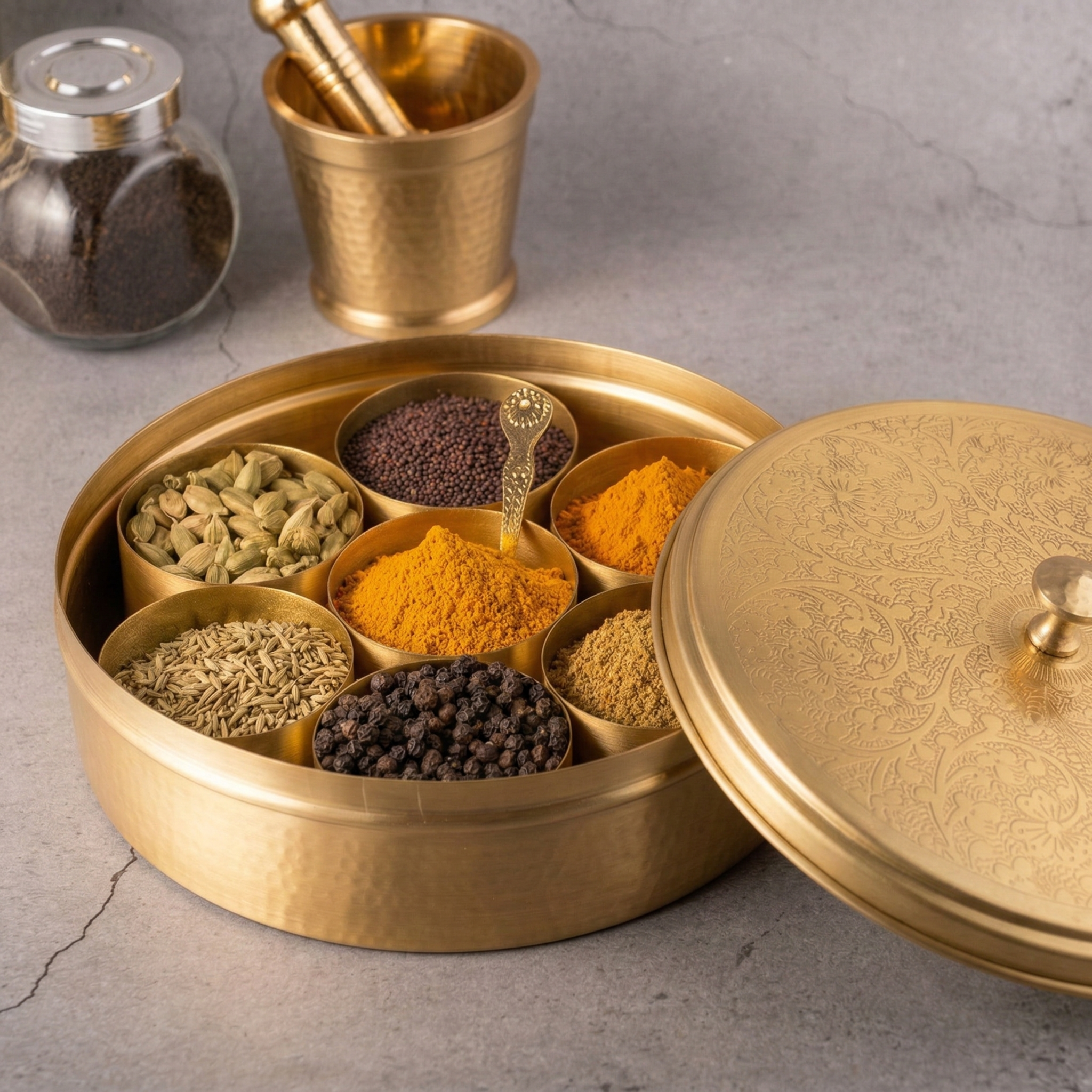 Brass Spice Box Set - Floral Etching